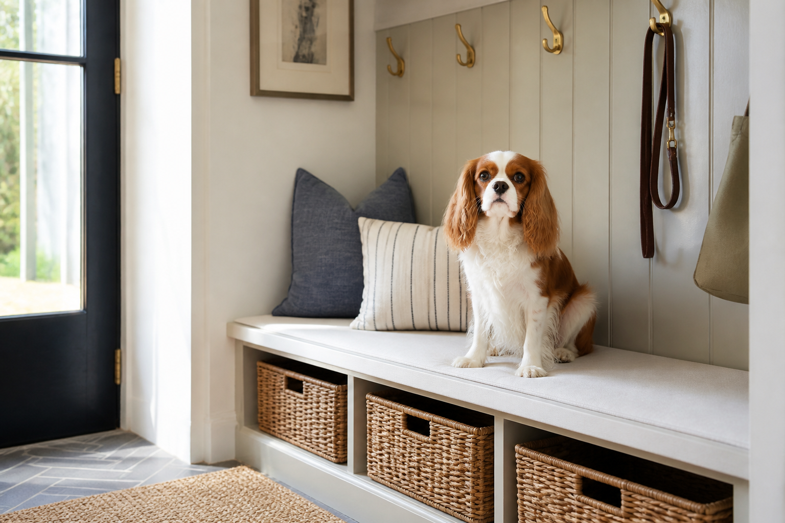 Beauty the Cavalier King Charles Spaniel in an organized mudroom
