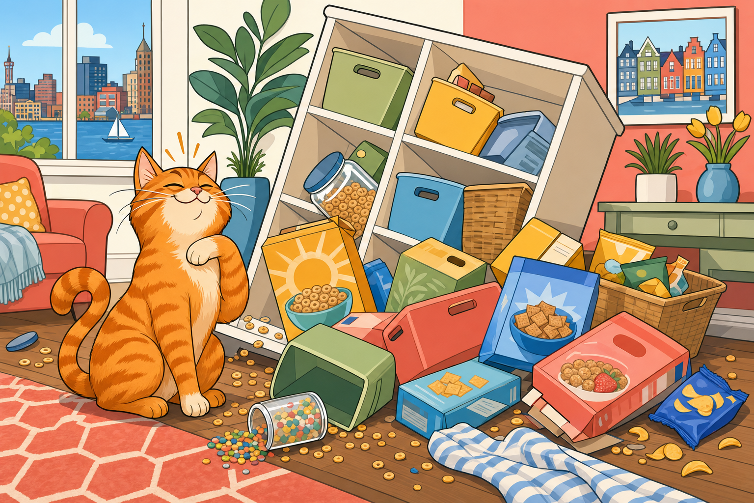 Chaos the orange tabby has knocked pantry items onto the floor